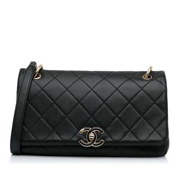 Pre-owned Chanel Large Lambskin Twist Chain Enamel CC Flap Black