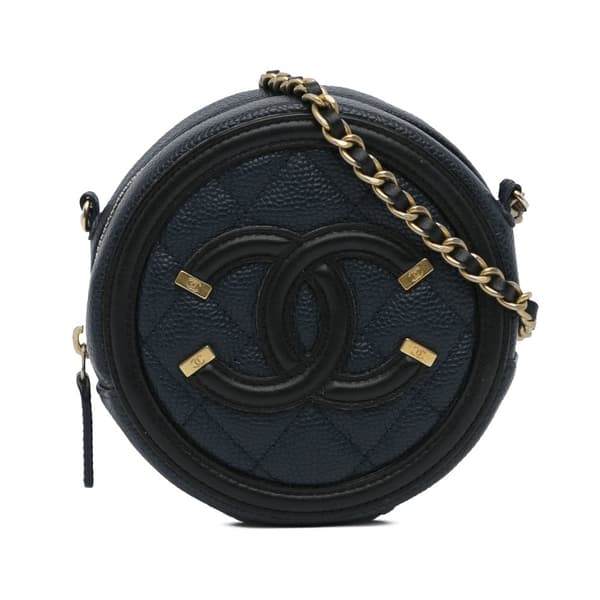 Pre-owned Chanel Caviar CC Filigree Round Crossbody Bag Blue