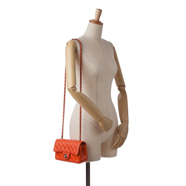 Pre-owned Chanel Mini Rectangular Classic Lambskin Single Flap Orange