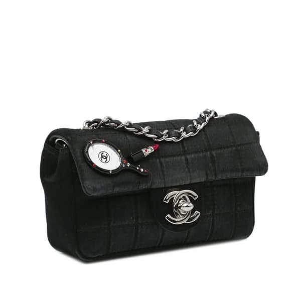 Pre-owned Chanel Extra Mini Satin Choco Bar Charms Flap Bag Black