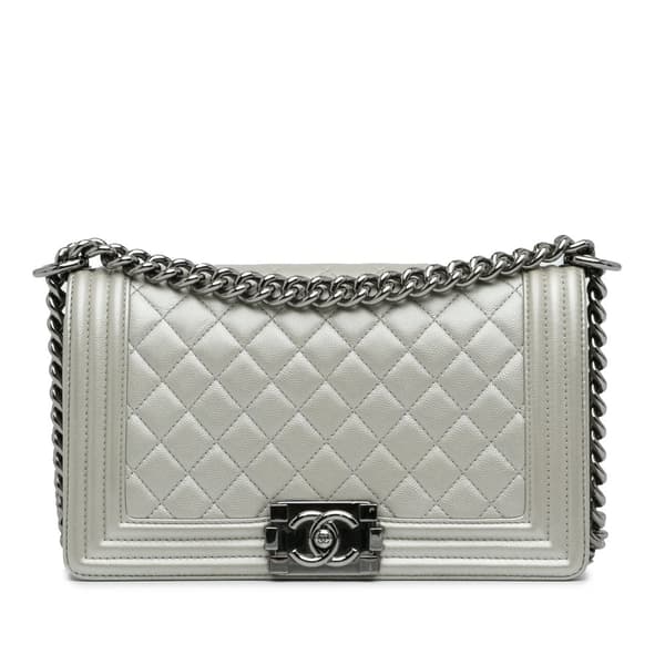 Pre-owned Chanel Old Medium Quilted Caviar Boy Flap Silver