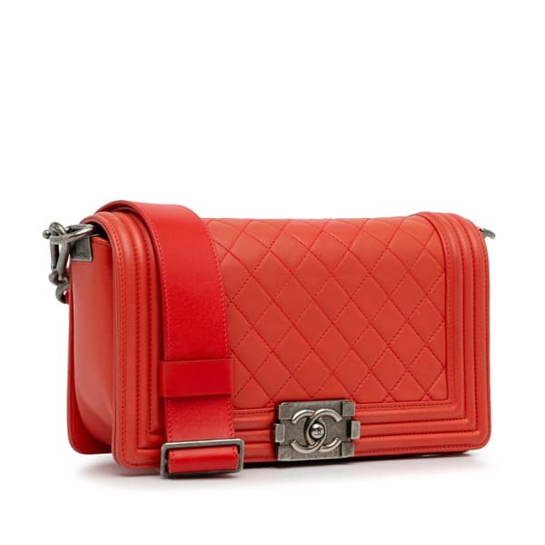 Pre-owned Chanel Old Medium Quilted Lambskin and Stingray Strap Boy Flap Red