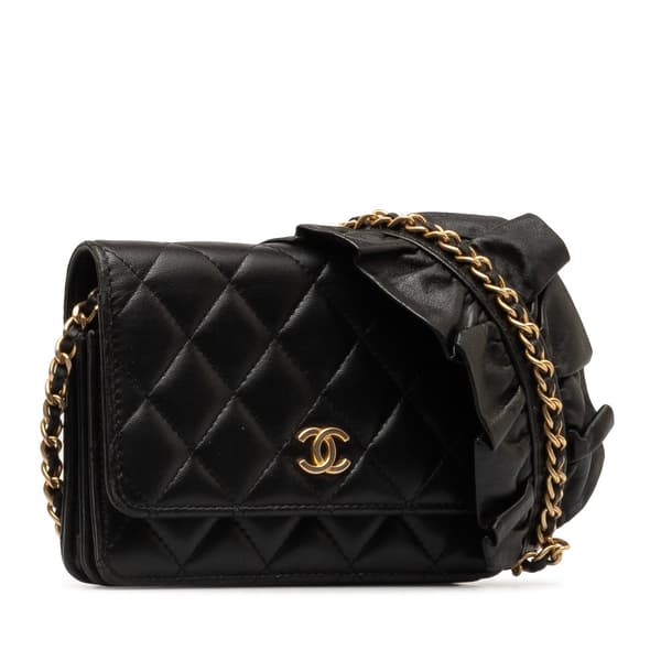 Pre-owned Chanel Lambskin Romance Wallet On Chain Black