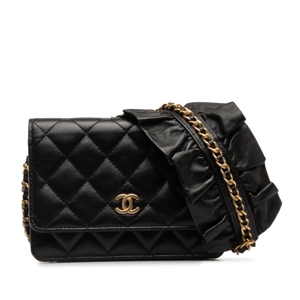 Pre-owned Chanel Lambskin Romance Wallet On Chain Black