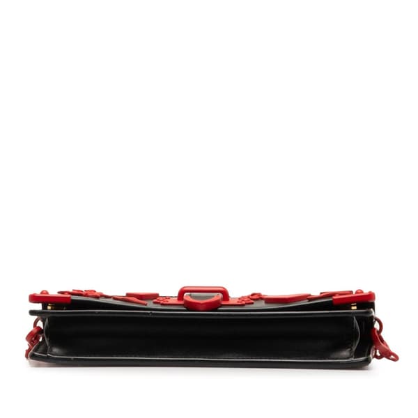 Pre-owned Prada Saffiano City Calf Cahier Heart and Flower Wallet on Chain Black