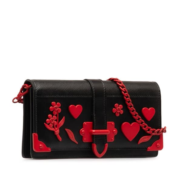 Pre-owned Prada Saffiano City Calf Cahier Heart and Flower Wallet on Chain Black