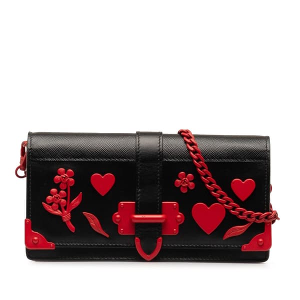 Pre-owned Prada Saffiano City Calf Cahier Heart and Flower Wallet on Chain Black