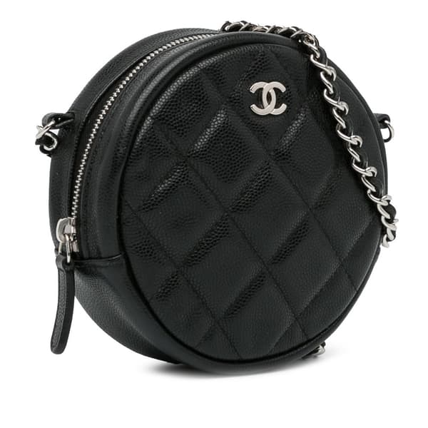 Pre-owned Chanel CC Quilted Caviar Round Clutch With Chain Black