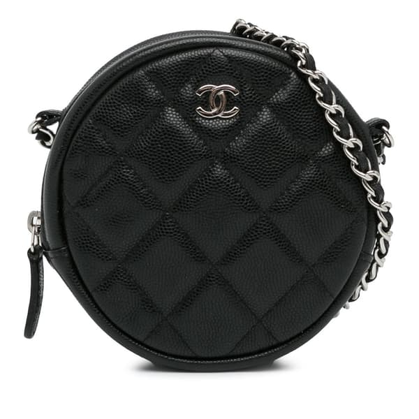 Pre-owned Chanel CC Quilted Caviar Round Clutch With Chain Black