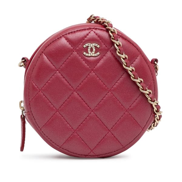 Pre-owned Chanel Quilted Lambskin Round Pearl Clutch with Chain Red