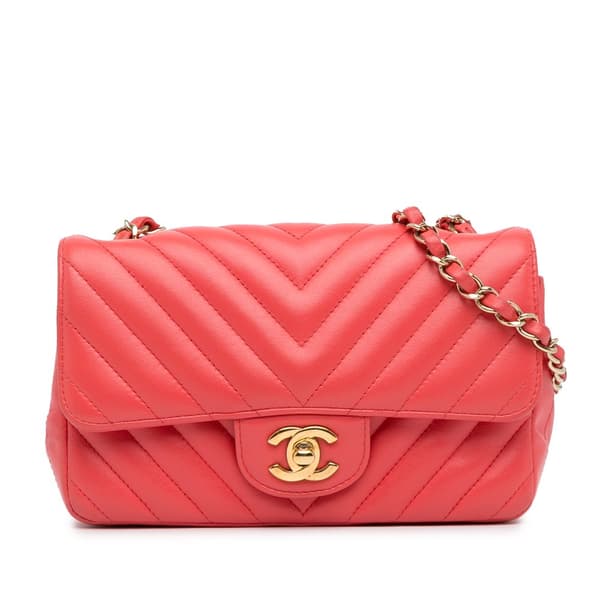 Pre-owned Chanel Mini Rectangular Classic Chevron Lambskin Single Flap Pink