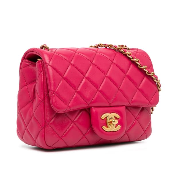 Pre-owned Chanel Mini Square Classic Lambskin Pearl Crush Single Flap Pink