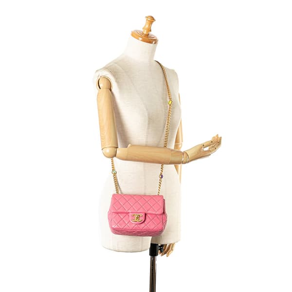 Pre-owned Chanel Mini Square Lambskin Pearl Samba Flap Pink