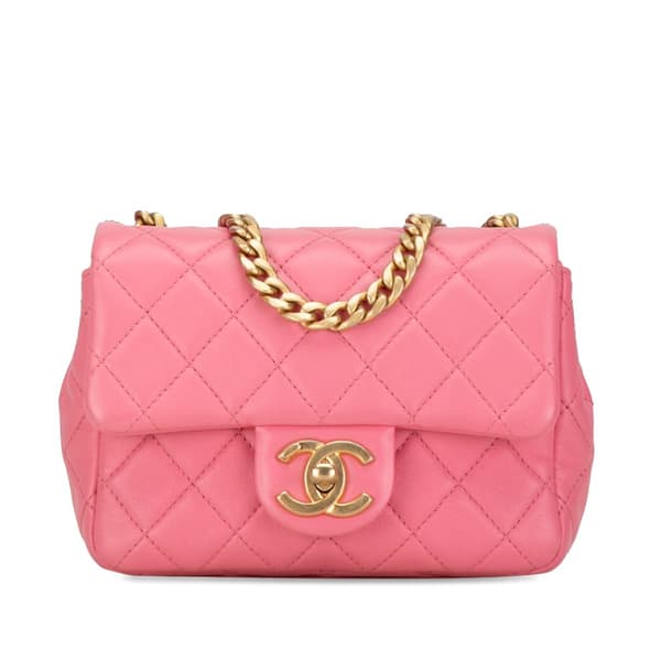 Pre-owned Chanel Mini Square Lambskin Pearl Samba Flap Pink