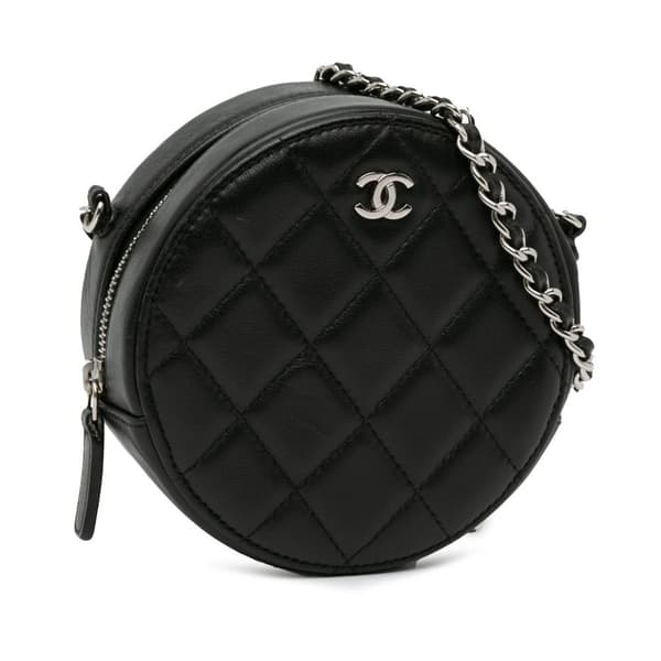 Pre-owned Chanel CC Quilted Lambskin Round Clutch with Chain Black