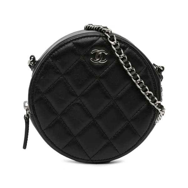 Pre-owned Chanel CC Quilted Lambskin Round Clutch with Chain Black