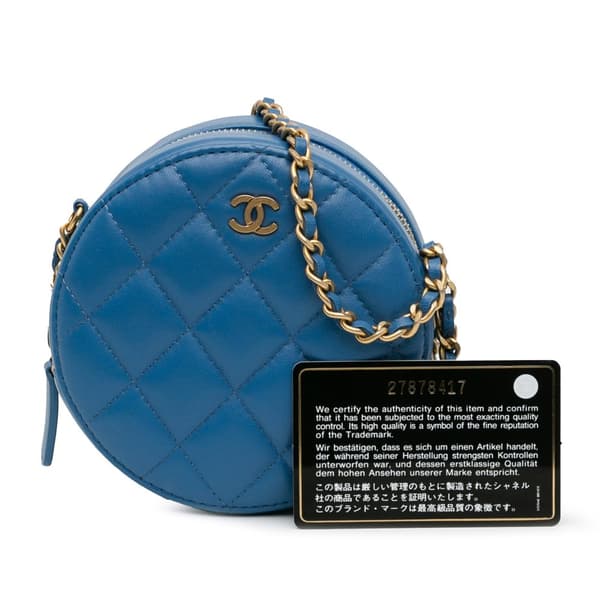 Pre-owned Chanel Quilted Lambskin Round Clutch with Chain Blue