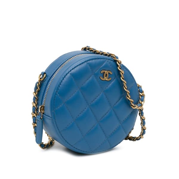 Pre-owned Chanel Quilted Lambskin Round Clutch with Chain Blue