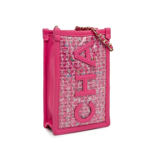 Pre-owned Chanel Tweed and PVC Phone Clutch with Chain Pink