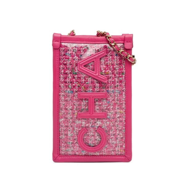 Pre-owned Chanel Tweed and PVC Phone Clutch with Chain Pink