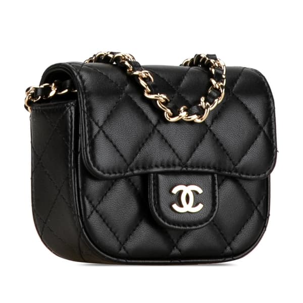 Pre-owned Chanel CC Quilted Lambskin Flap Card Holder On Chain Black