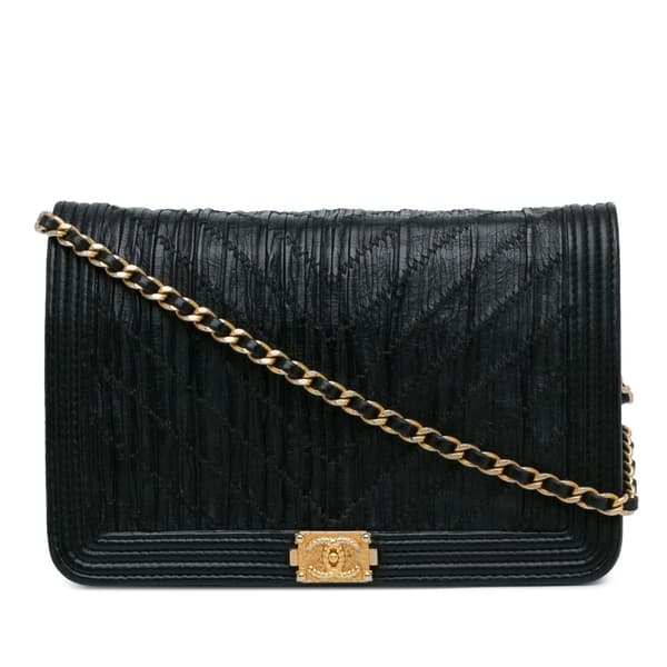 Pre-owned Chanel Pleated Crumpled Chevron Le Boy Wallet On Chain Black