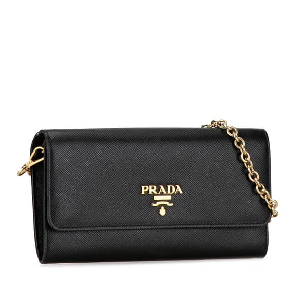 Pre-owned Prada Saffiano Lux Wallet On Chain Black