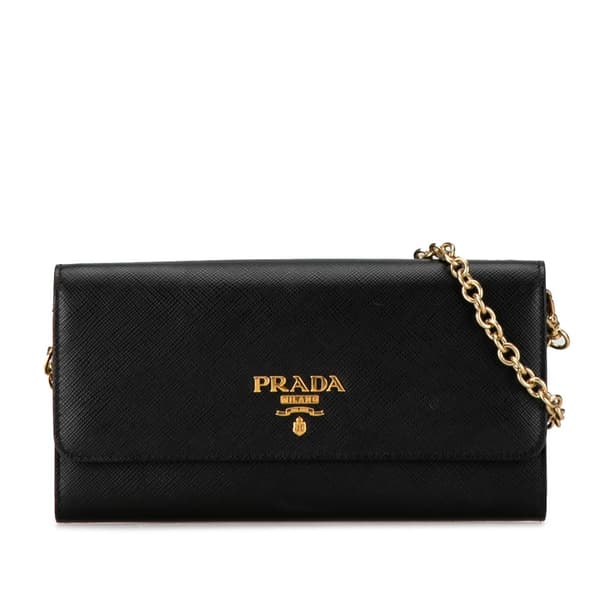 Pre-owned Prada Saffiano Lux Wallet On Chain Black