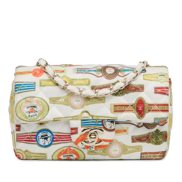 Pre-owned Chanel Mini Rectangular Classic Printed Satin Cuba Single Flap White