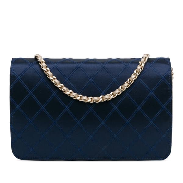 Pre-owned Chanel Satin Diamond Stitch Wallet On Chain Blue