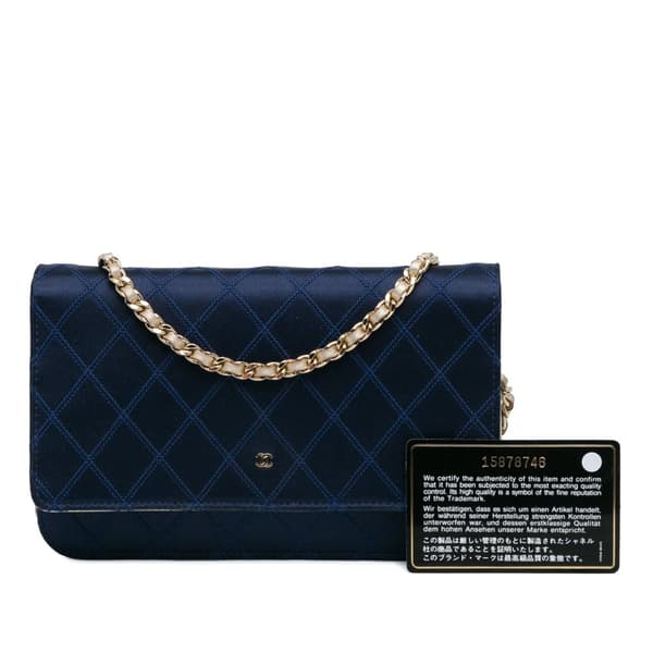 Pre-owned Chanel Satin Diamond Stitch Wallet On Chain Blue