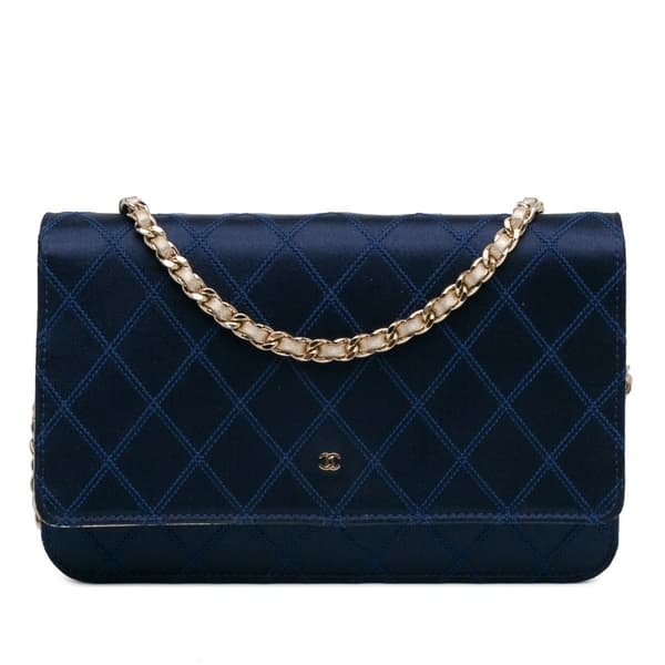 Pre-owned Chanel Satin Diamond Stitch Wallet On Chain Blue
