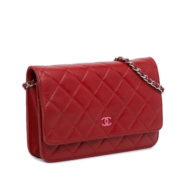 Pre-owned Chanel Classic Lambskin Wallet on Chain Red
