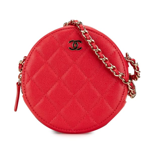 Pre-owned Chanel Quilted Caviar Round Clutch With Chain Red