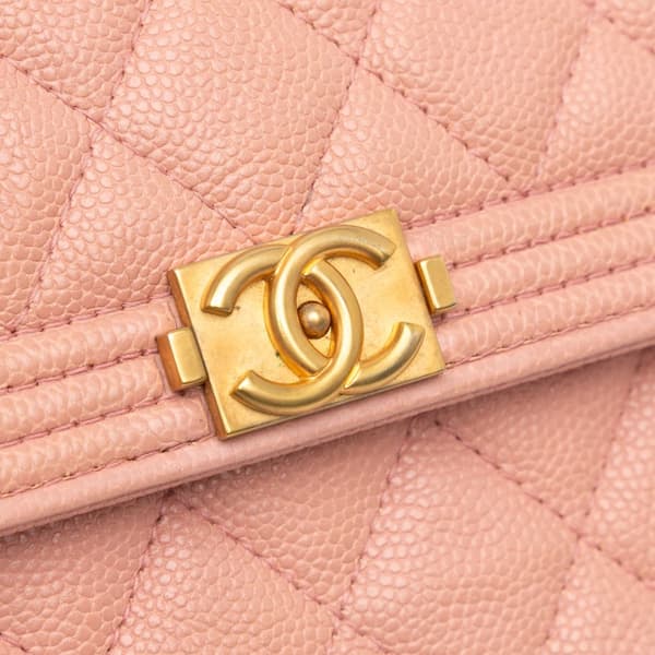 Pre-owned Chanel Quilted Caviar Square Boy Wallet On Chain Pink