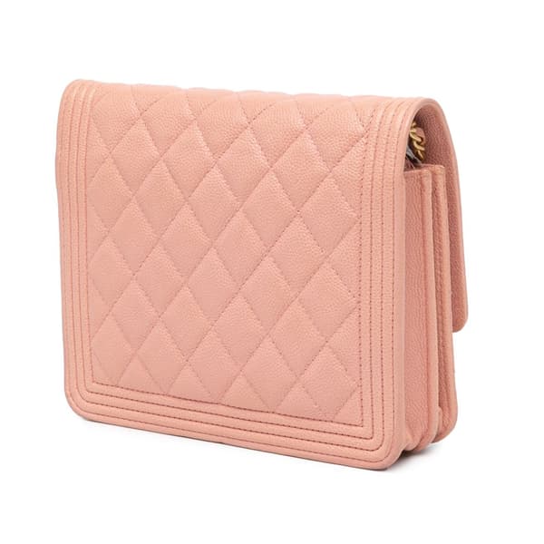 Pre-owned Chanel Quilted Caviar Square Boy Wallet On Chain Pink