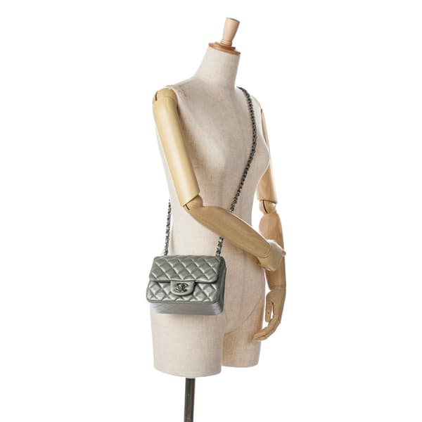 Pre-owned Chanel Mini Square Classic Calfskin Single Flap Silver