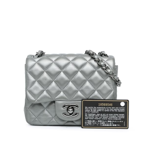 Pre-owned Chanel Mini Square Classic Calfskin Single Flap Silver