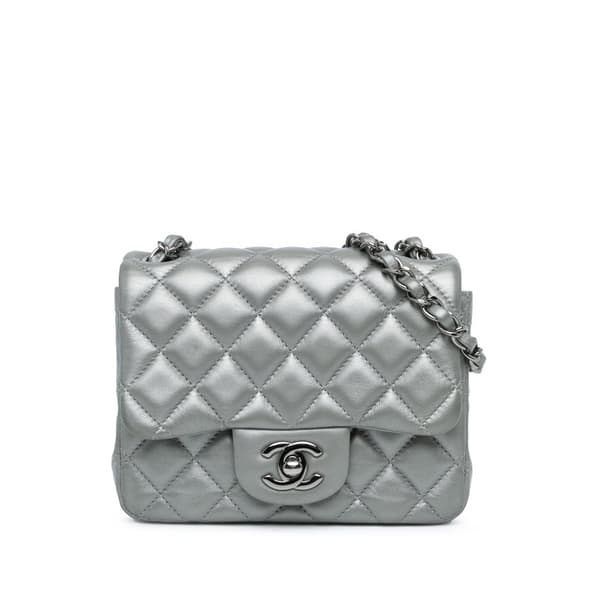 Pre-owned Chanel Mini Square Classic Calfskin Single Flap Silver
