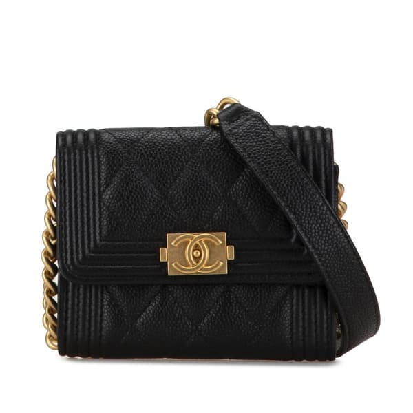 Pre-owned Chanel Quilted Caviar Boy Card Holder with Chain Black