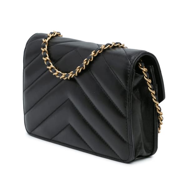 Pre-owned Chanel Chevron Lambskin Button Wallet On Chain Black