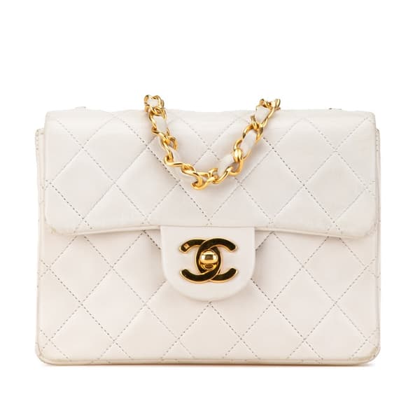 Pre-owned Chanel Mini Square Classic Lambskin Single Flap White