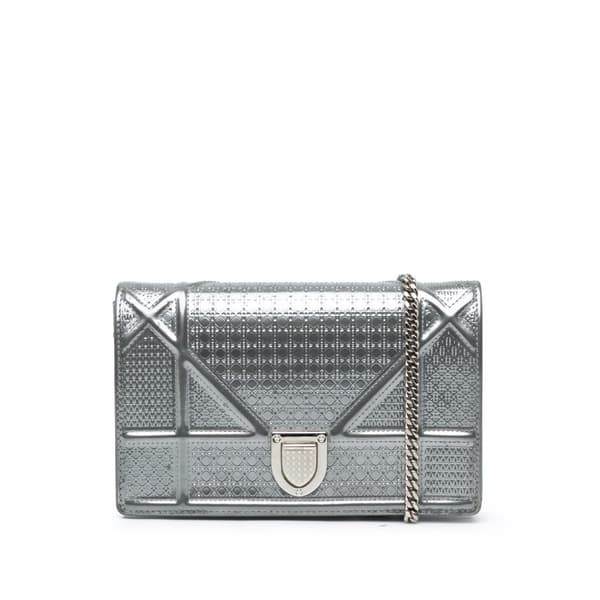Pre-owned Dior Metallic Patent Microcannage Diorama Wallet on Chain Silver