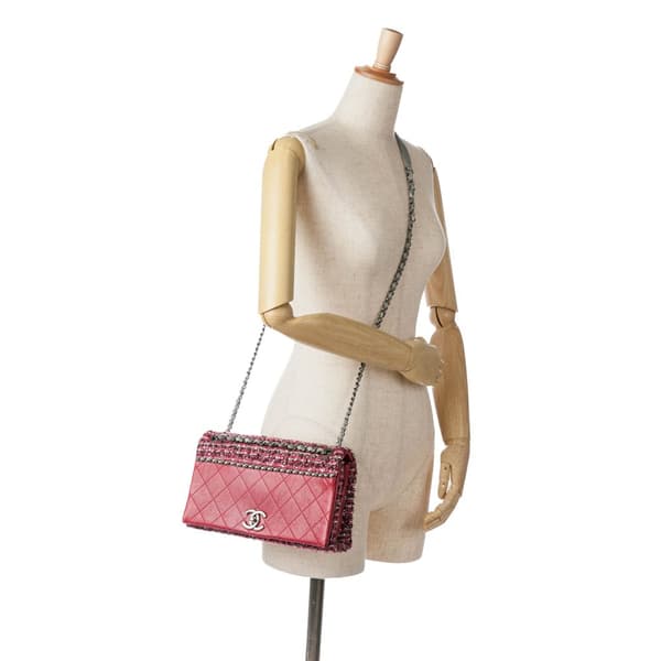 Pre-owned Chanel CC Lambskin and Tweed Flap Red