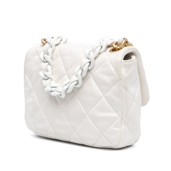 Pre-owned Chanel Mini Quilted Lambskin Lacquered Chain Flap White