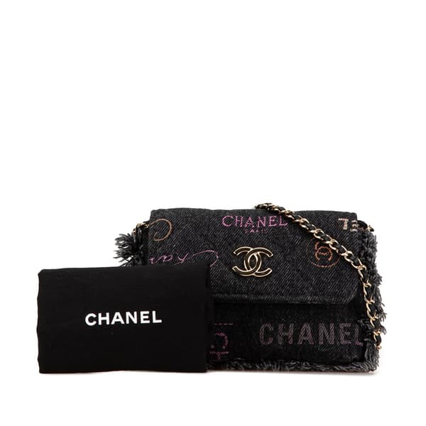 Pre-owned Chanel Fringe Denim Mood Clutch with Chain Black