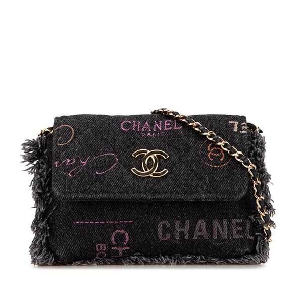Pre-owned Chanel Fringe Denim Mood Clutch with Chain Black