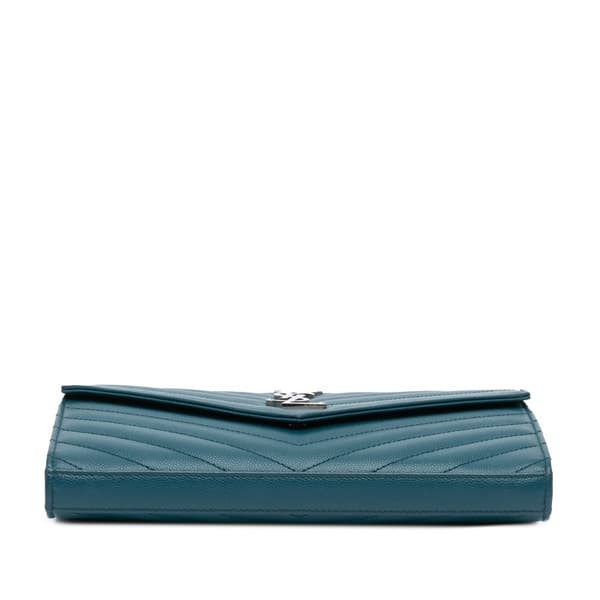 Pre-owned Saint Laurent Grain De Poudre Matelasse Chevron Monogram Chain Wallet Blue