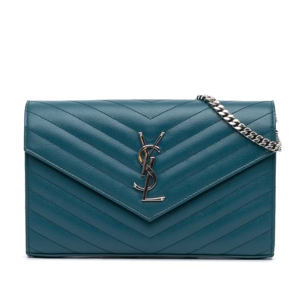 Pre-owned Saint Laurent Grain De Poudre Matelasse Chevron Monogram Chain Wallet Blue