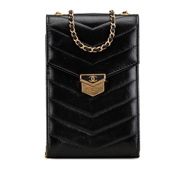 Pre-owned Chanel Calfskin CC Chevron Medal Envelope Vertical Clutch With Chain Black